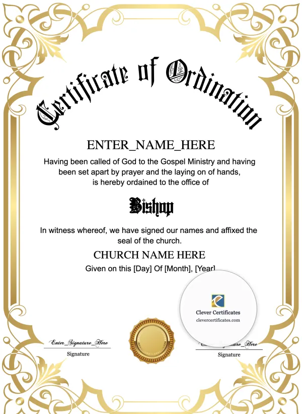 Bishop Ordination Certificate Portrait — Certificate Template Preview