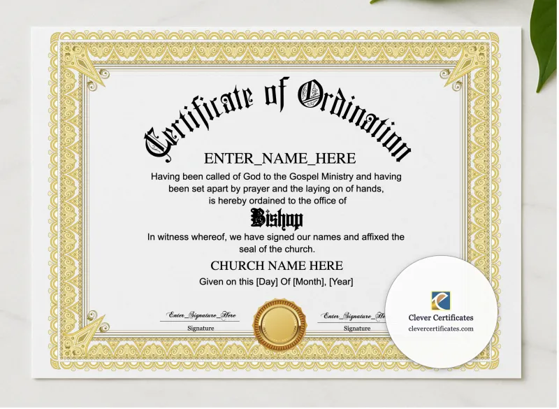 Bishop Ordination Certificate Landscape presented in a sleek wooden frame, elegantly arranged on a stylish table.