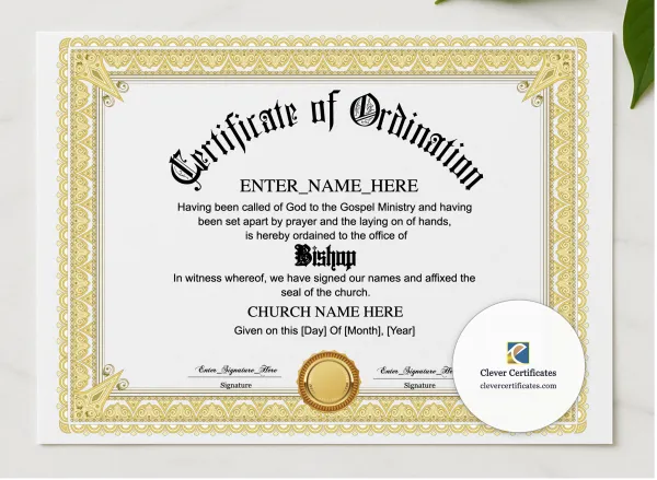 Bishop Ordination Certificate Landscape presented in a sleek wooden frame, elegantly arranged on a stylish table.