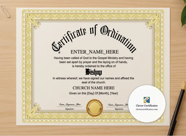 Professional preview of Bishop Ordination Certificate Landscape certificate on high-quality stationery paper, ideal for showcasing the final look.