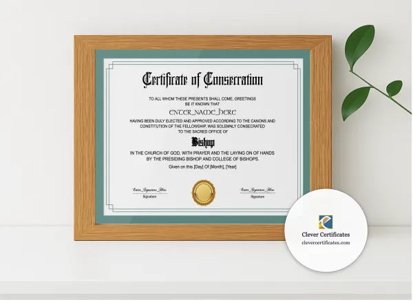 Realistic mockup featuring Bishop Consecration Certificate displayed within a modern frame, set against a minimalistic background.