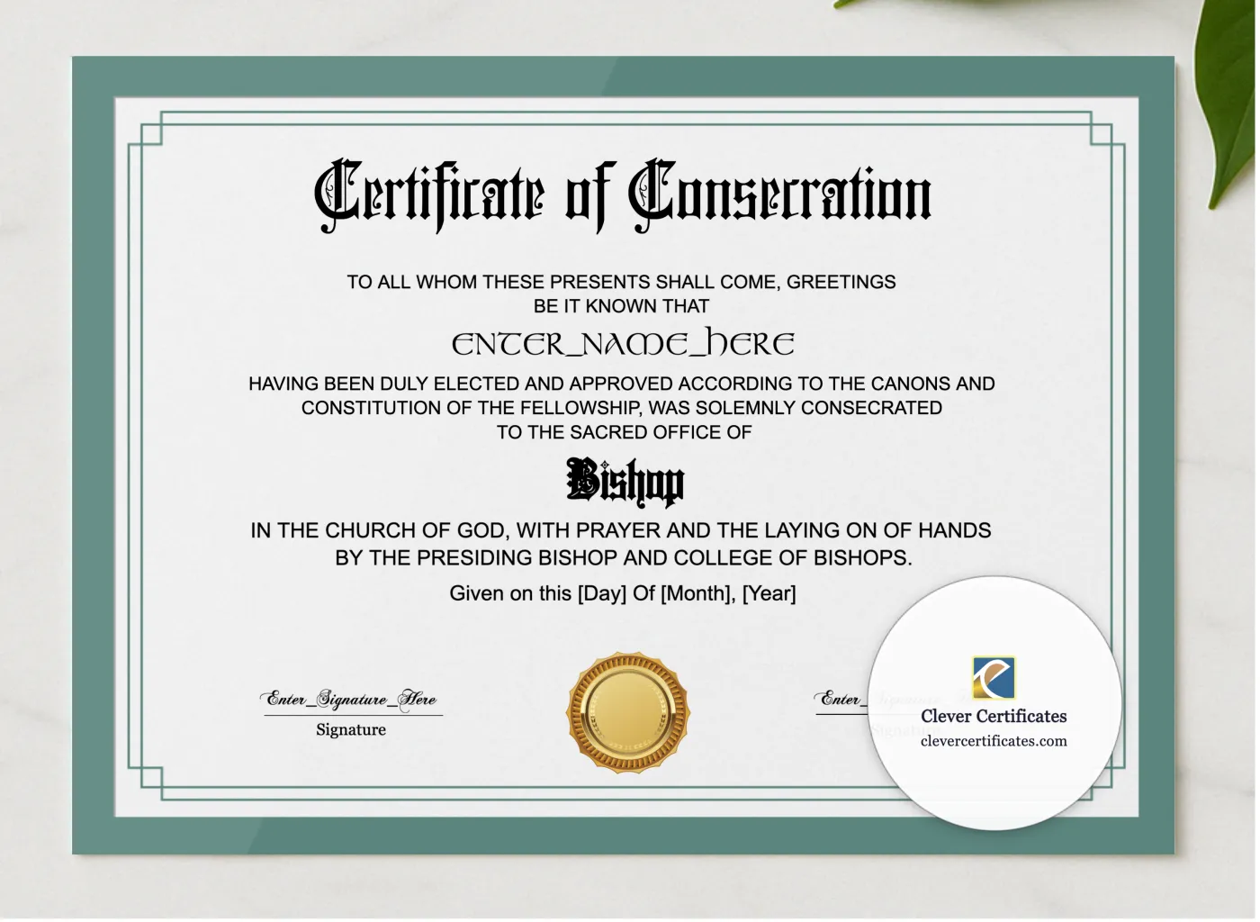 Bishop Consecration Certificate presented in a sleek wooden frame, elegantly arranged on a stylish table.