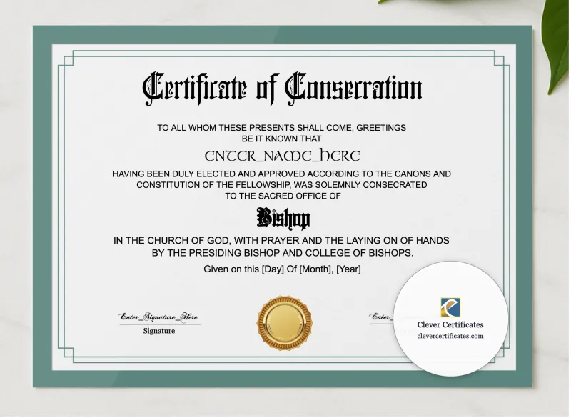 Bishop Consecration Certificate presented in a sleek wooden frame, elegantly arranged on a stylish table.