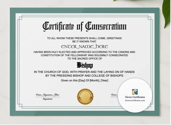 Bishop Consecration Certificate presented in a sleek wooden frame, elegantly arranged on a stylish table.