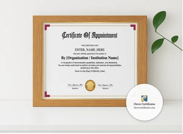 Realistic mockup featuring Certificate Of Appointment Landscape displayed within a modern frame, set against a minimalistic background.
