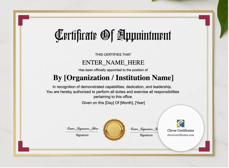 Certificate Of Appointment Landscape presented in a sleek wooden frame, elegantly arranged on a stylish table.