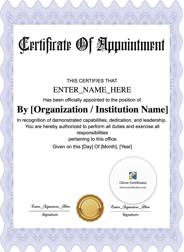 Certificate Of Appointment Portrait — Certificate Template Preview