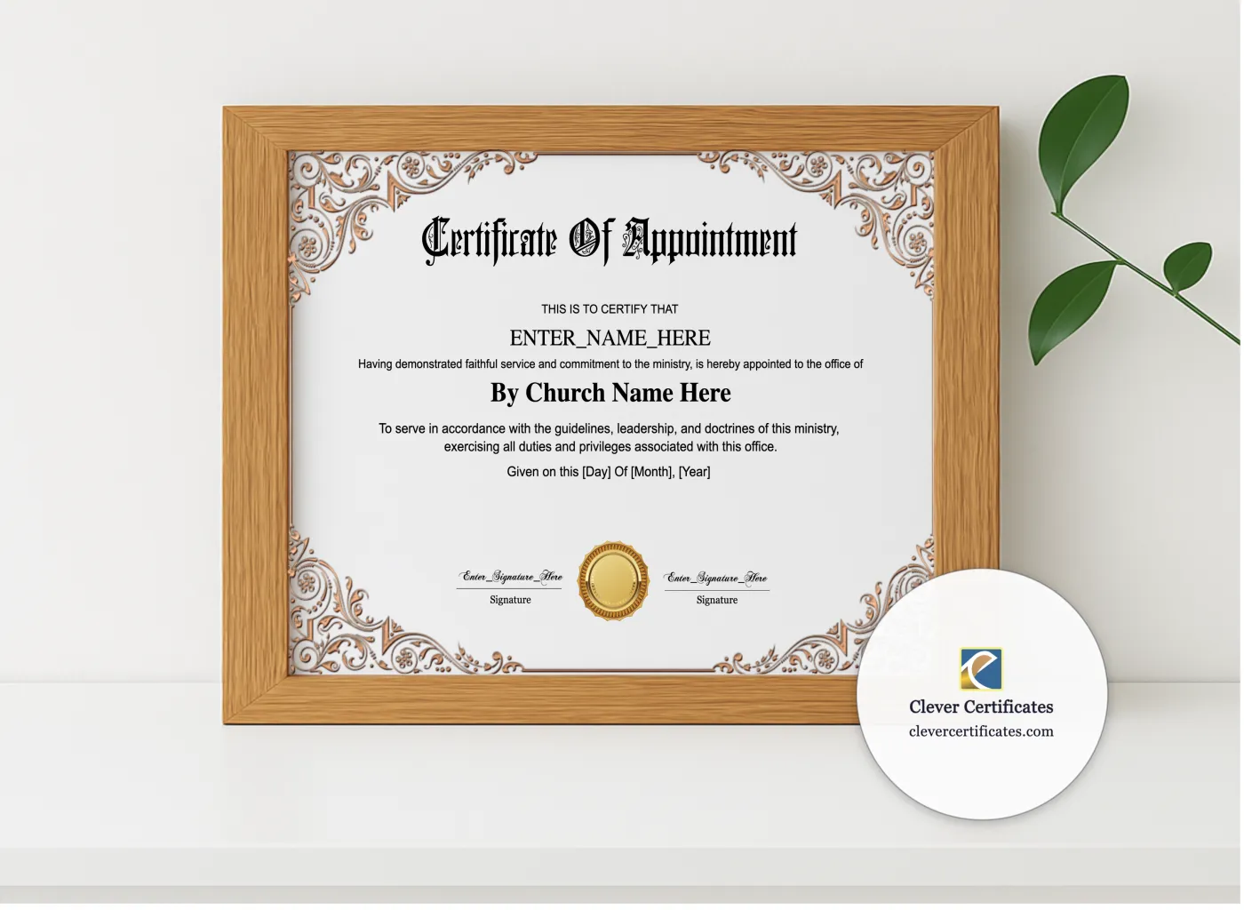 Realistic mockup featuring Church Officer Appointment Certificate displayed within a modern frame, set against a minimalistic background.