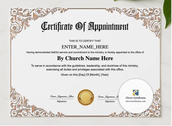 Church Officer Appointment Certificate presented in a sleek wooden frame, elegantly arranged on a stylish table.