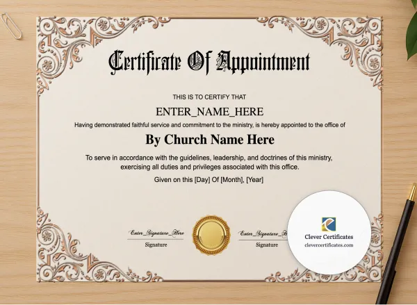Professional preview of Church Officer Appointment Certificate certificate on high-quality stationery paper, ideal for showcasing the final look.