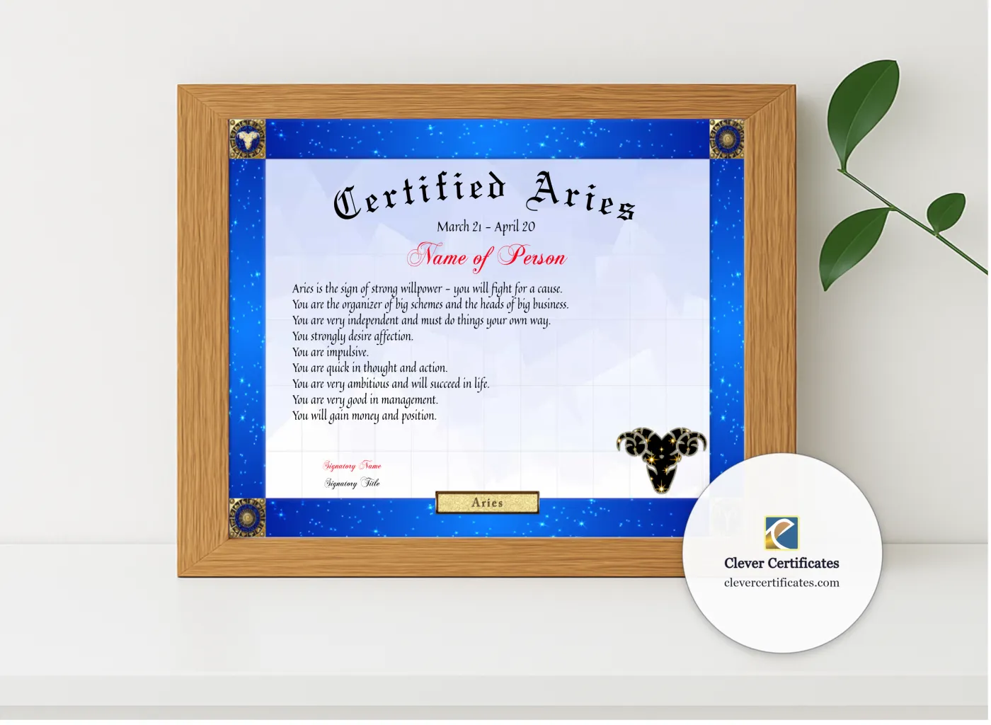 Realistic mockup featuring Certified Aries Award displayed within a modern frame, set against a minimalistic background.