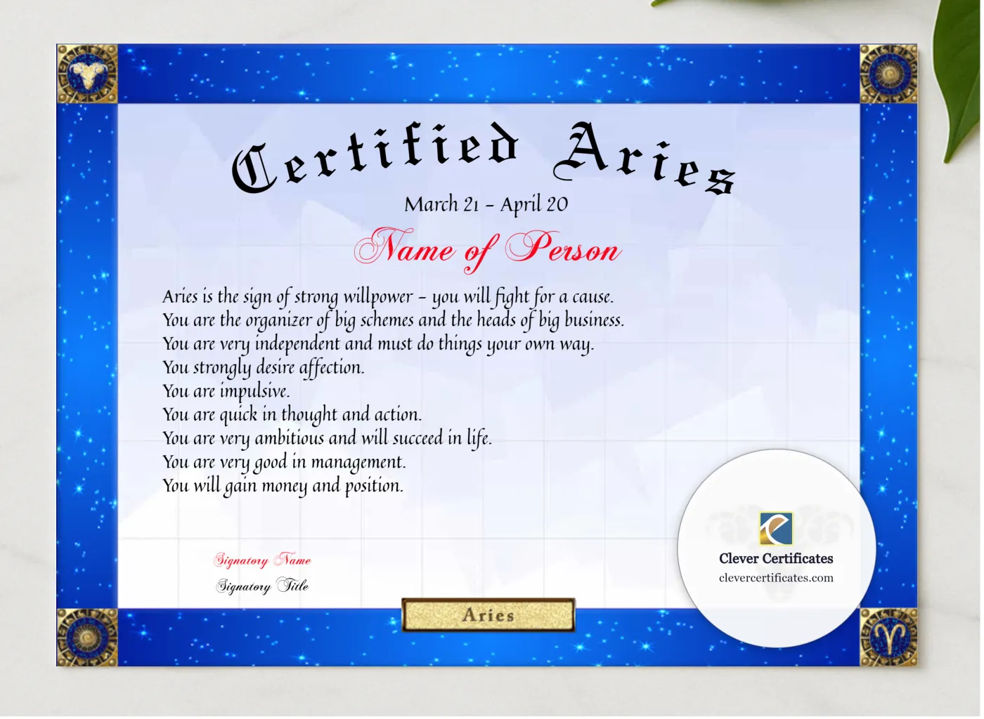Certified Aries Award presented in a sleek wooden frame, elegantly arranged on a stylish table.