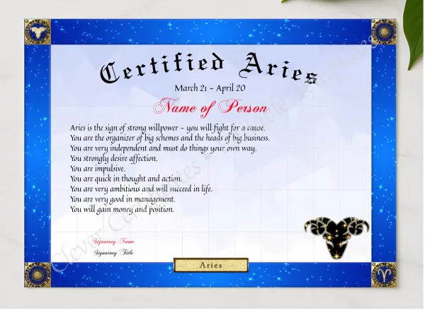 Certified Aries Award presented in a sleek wooden frame, elegantly arranged on a stylish table.