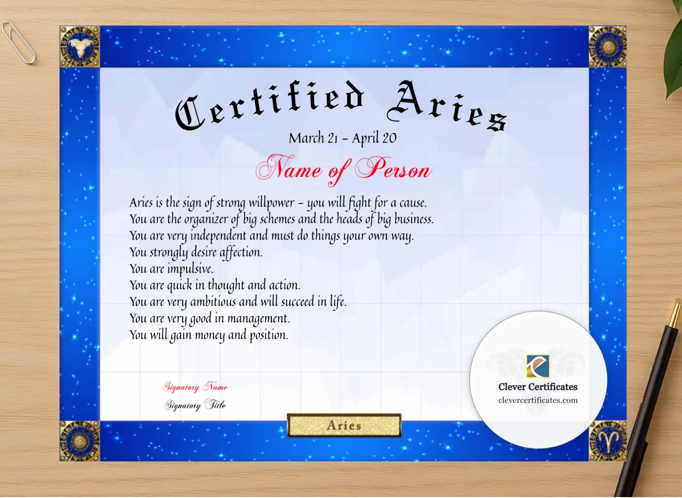 Professional preview of Certified Aries Award certificate on high-quality stationery paper, ideal for showcasing the final look.