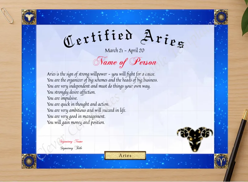 Professional preview of Certified Aries Award certificate on high-quality stationery paper, ideal for showcasing the final look.
