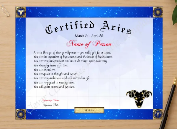 Professional preview of Certified Aries Award certificate on high-quality stationery paper, ideal for showcasing the final look.