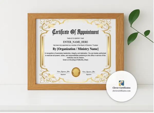 Realistic mockup featuring Board Member Appointment Certificate displayed within a modern frame, set against a minimalistic background.
