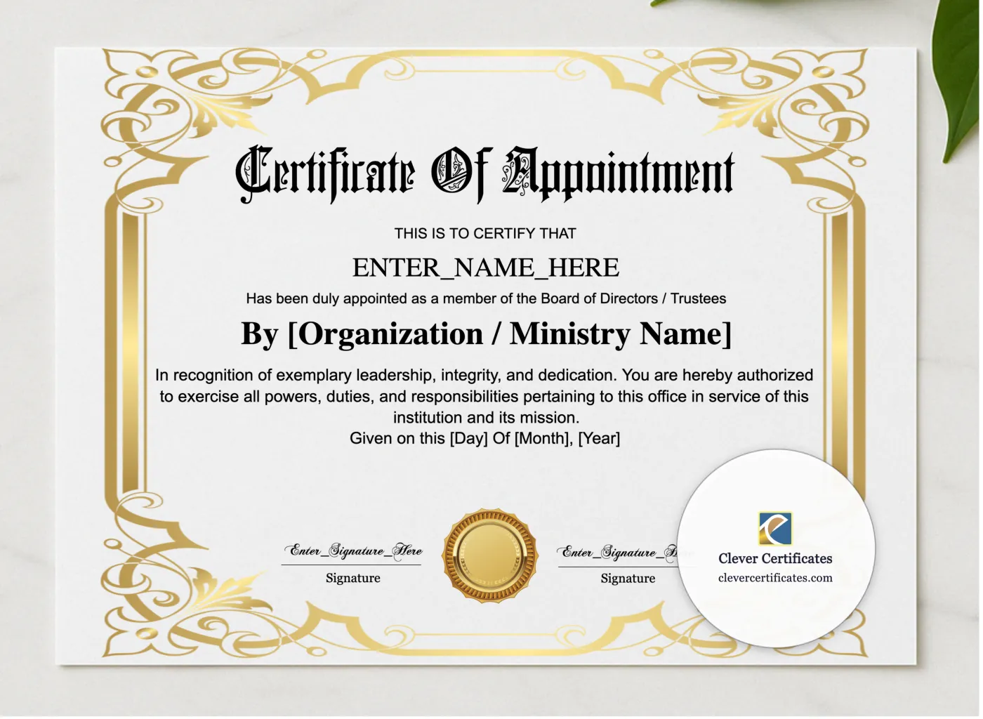 Board Member Appointment Certificate presented in a sleek wooden frame, elegantly arranged on a stylish table.