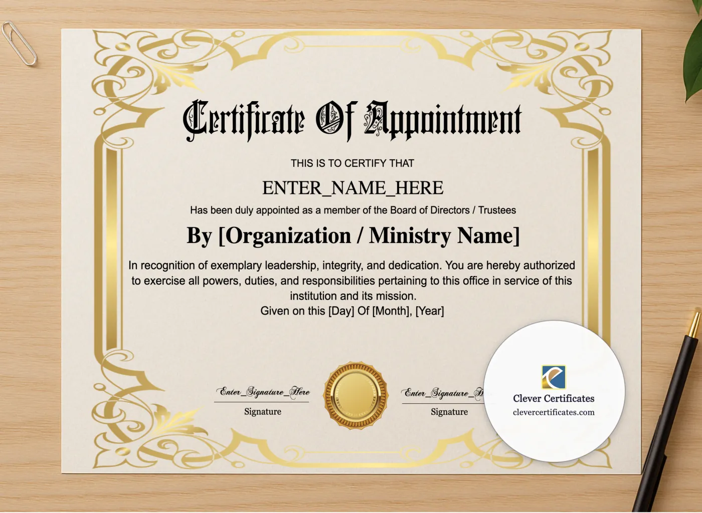 Professional preview of Board Member Appointment Certificate certificate on high-quality stationery paper, ideal for showcasing the final look.