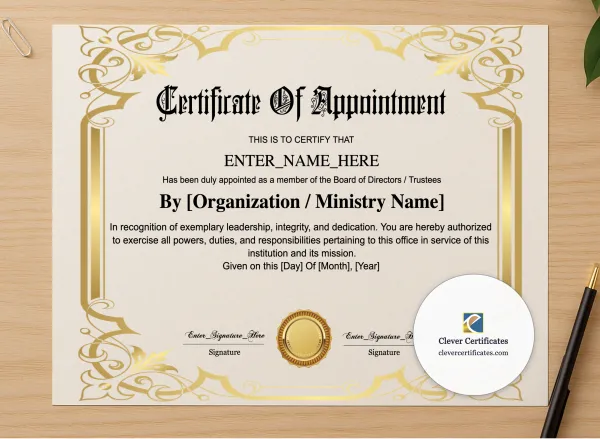 Professional preview of Board Member Appointment Certificate certificate on high-quality stationery paper, ideal for showcasing the final look.