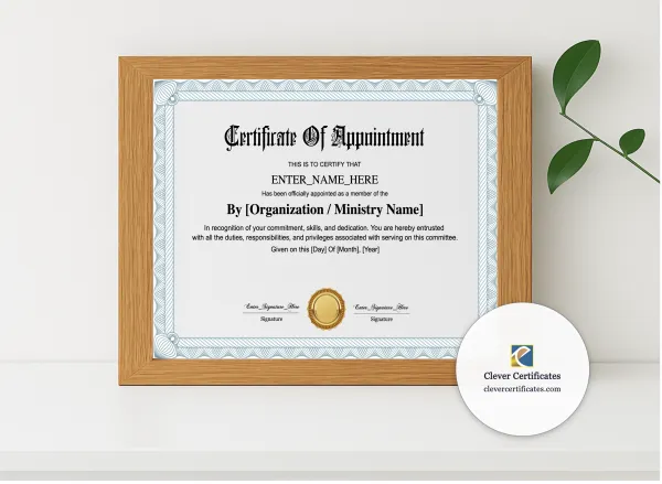 Realistic mockup featuring Committee Member Appointment Certificate displayed within a modern frame, set against a minimalistic background.