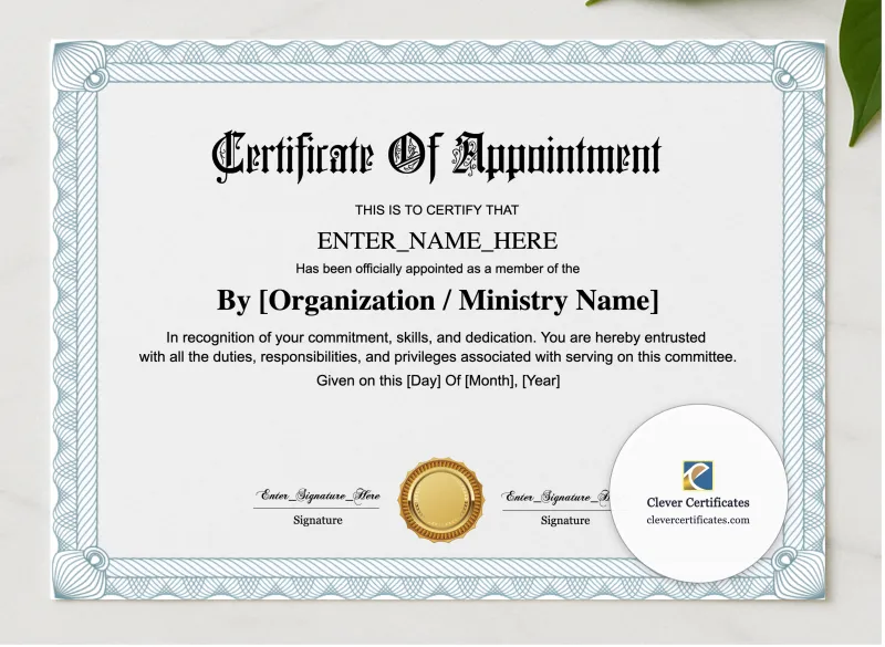 Committee Member Appointment Certificate presented in a sleek wooden frame, elegantly arranged on a stylish table.