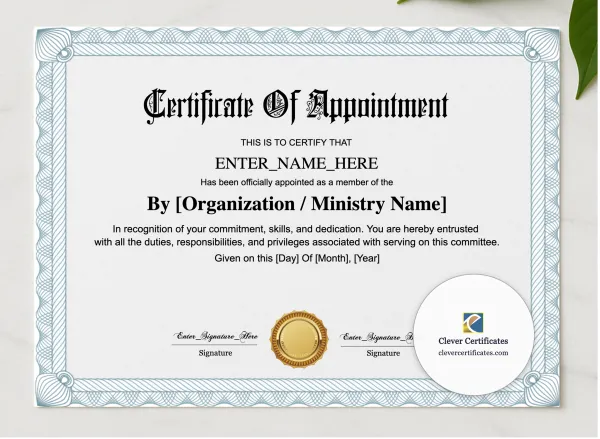 Committee Member Appointment Certificate presented in a sleek wooden frame, elegantly arranged on a stylish table.
