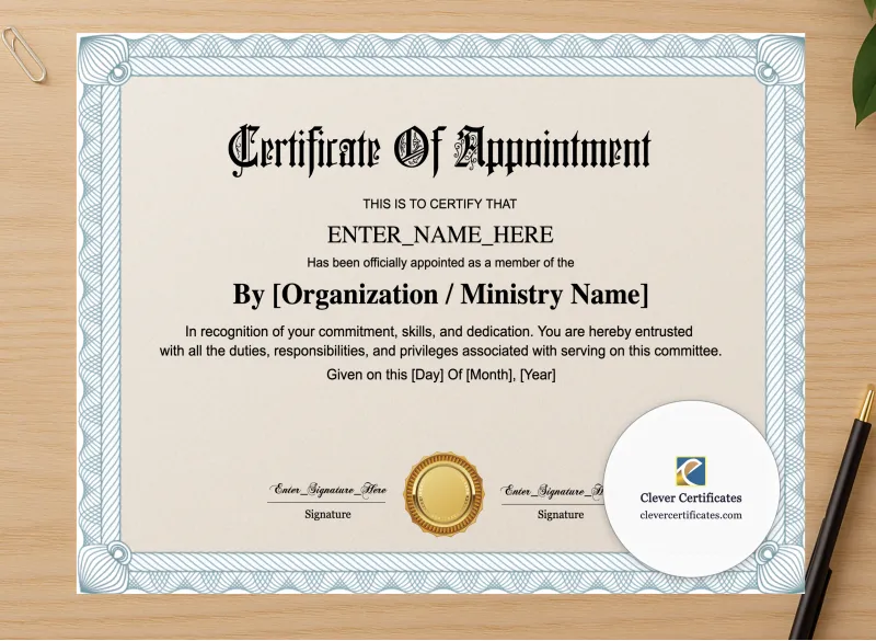 Professional preview of Committee Member Appointment Certificate certificate on high-quality stationery paper, ideal for showcasing the final look.