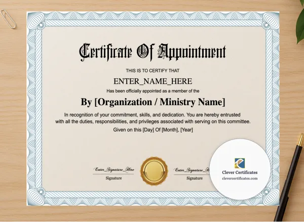 Professional preview of Committee Member Appointment Certificate certificate on high-quality stationery paper, ideal for showcasing the final look.