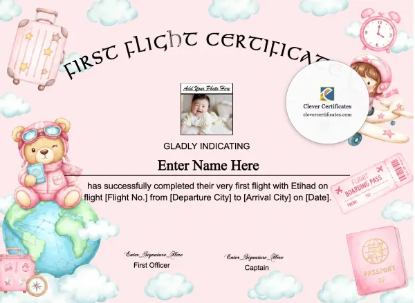 Free Etihad Baby First Flight Certificate — Landscape