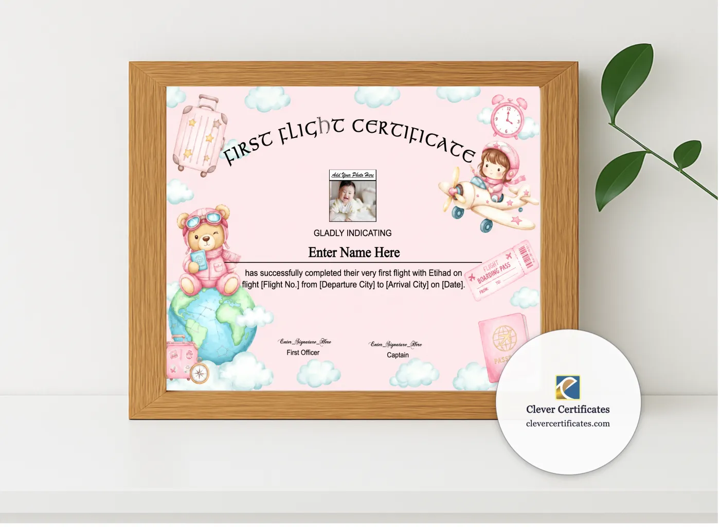 Realistic mockup featuring Etihad Baby First Flight Certificate Landscape displayed within a modern frame, set against a minimalistic background.