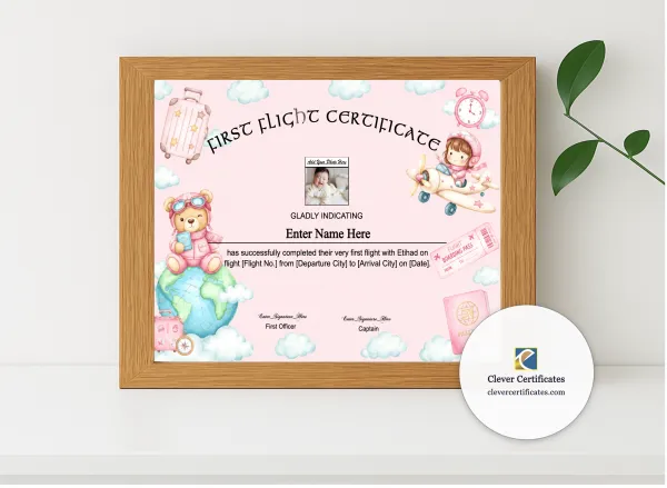 Realistic mockup featuring Etihad Baby First Flight Certificate Landscape displayed within a modern frame, set against a minimalistic background.