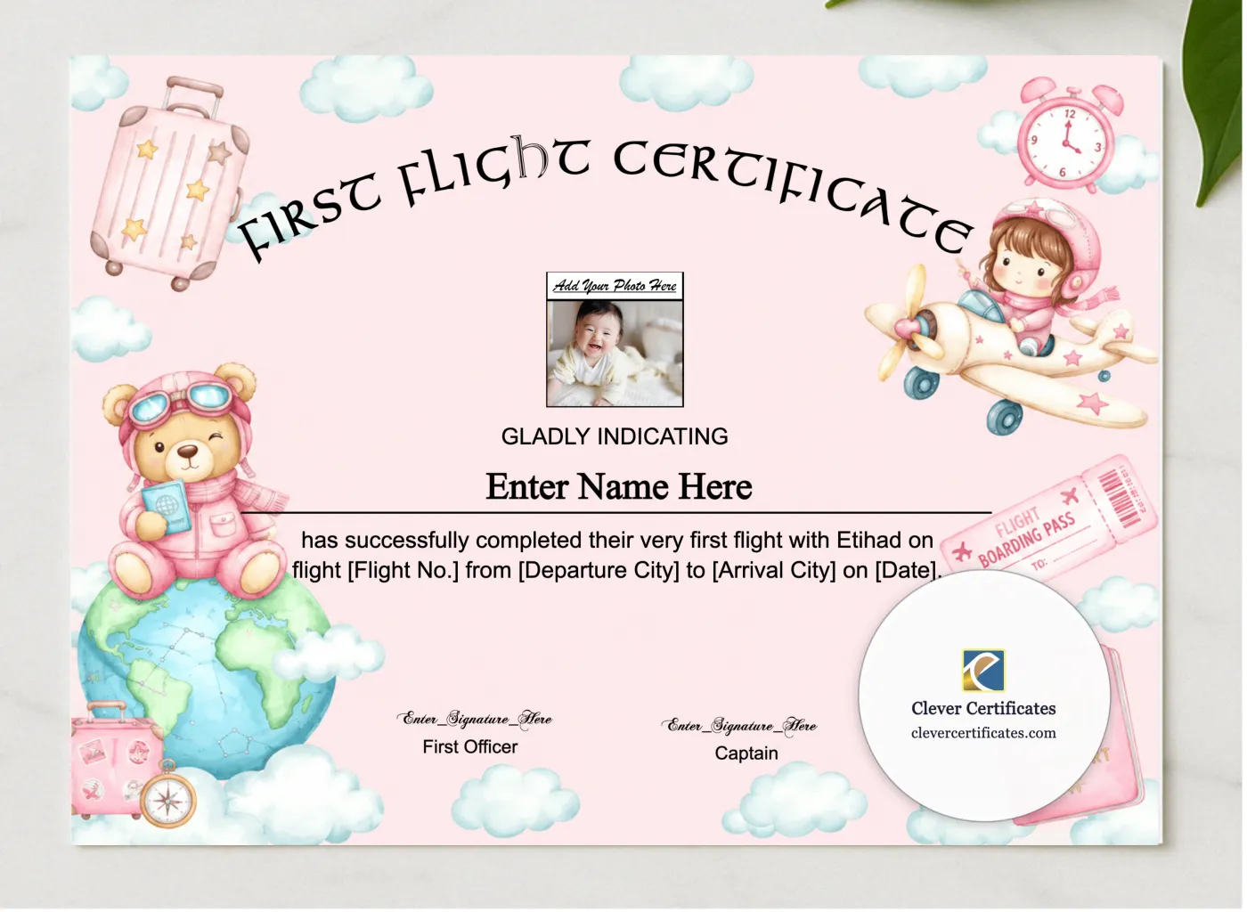 Etihad Baby First Flight Certificate Landscape presented in a sleek wooden frame, elegantly arranged on a stylish table.