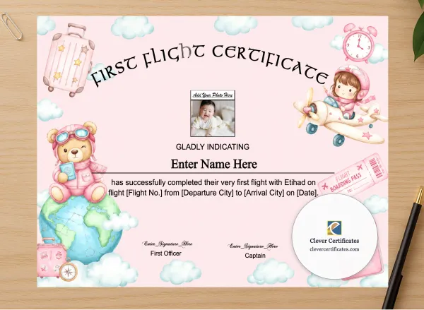Professional preview of Etihad Baby First Flight Certificate Landscape certificate on high-quality stationery paper, ideal for showcasing the final look.
