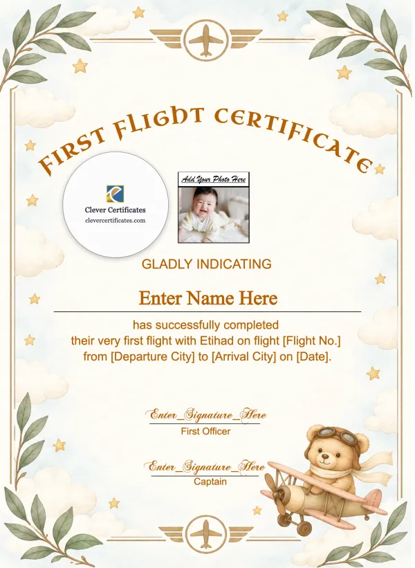 Etihad Baby First Flight Certificate Portrait — Certificate Template Preview