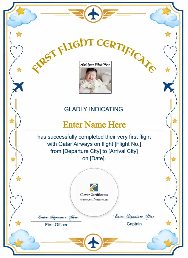 Qatar Airways Baby First Flight Certificate Portrait — Certificate Template Preview