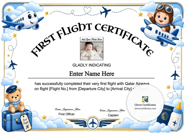 Free Qatar Airways Baby First Flight Certificate — Landscape