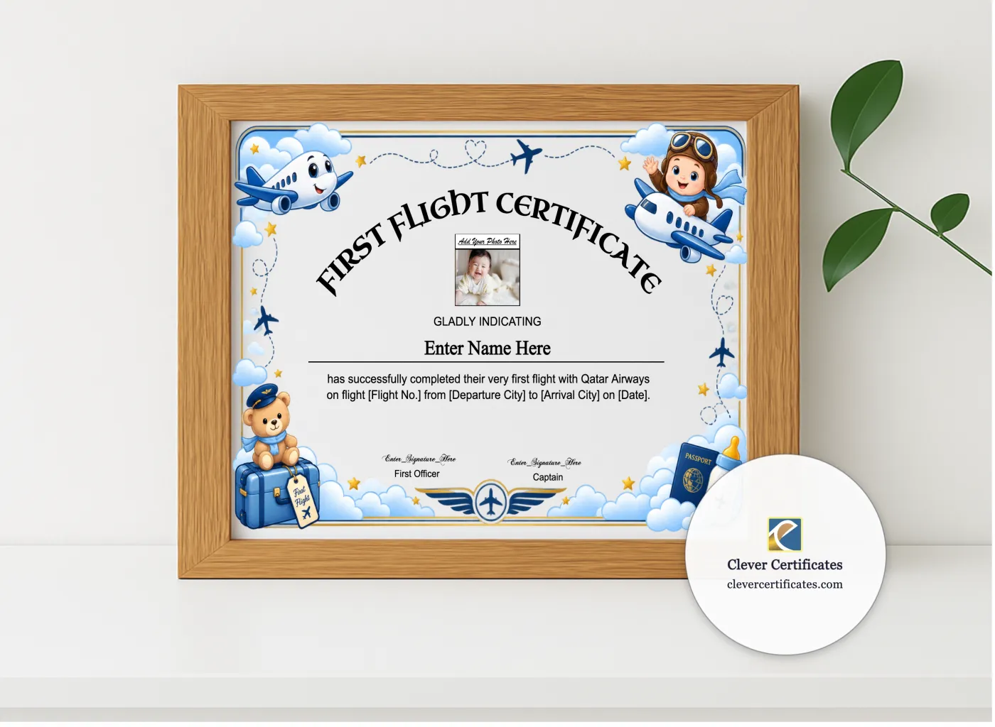 Realistic mockup featuring Qatar Airways Baby First Flight Certificate Landscape displayed within a modern frame, set against a minimalistic background.