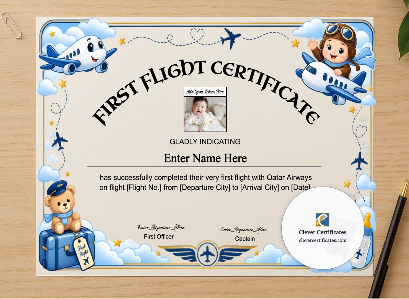 Professional preview of Qatar Airways Baby First Flight Certificate Landscape certificate on high-quality stationery paper, ideal for showcasing the final look.