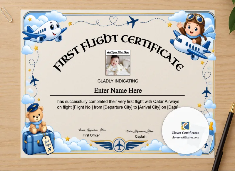 Professional preview of Qatar Airways Baby First Flight Certificate Landscape certificate on high-quality stationery paper, ideal for showcasing the final look.