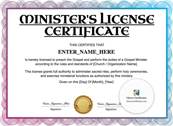Free Minister License Certificate — Landscape