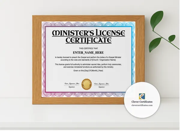 Realistic mockup featuring Minister License Certificate Landscape displayed within a modern frame, set against a minimalistic background.