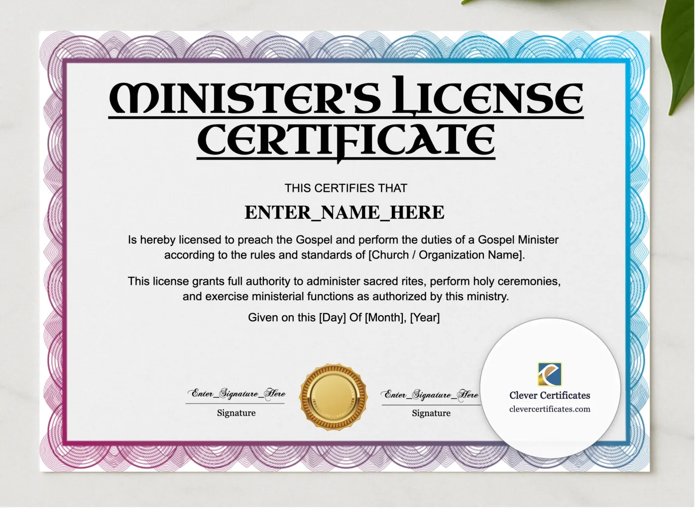 Minister License Certificate Landscape presented in a sleek wooden frame, elegantly arranged on a stylish table.