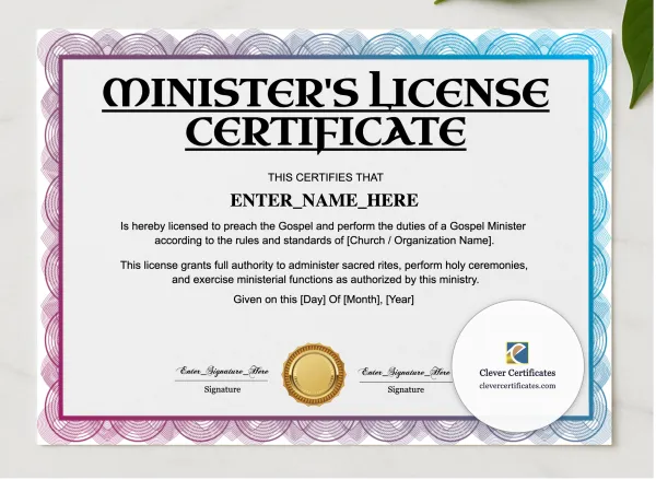 Minister License Certificate Landscape presented in a sleek wooden frame, elegantly arranged on a stylish table.