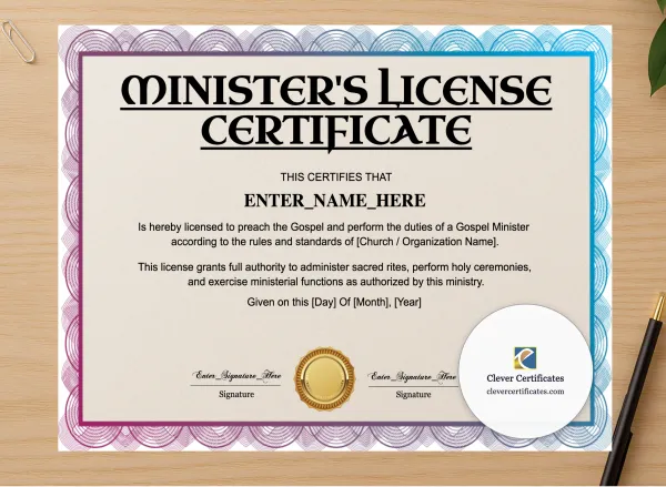 Professional preview of Minister License Certificate Landscape certificate on high-quality stationery paper, ideal for showcasing the final look.