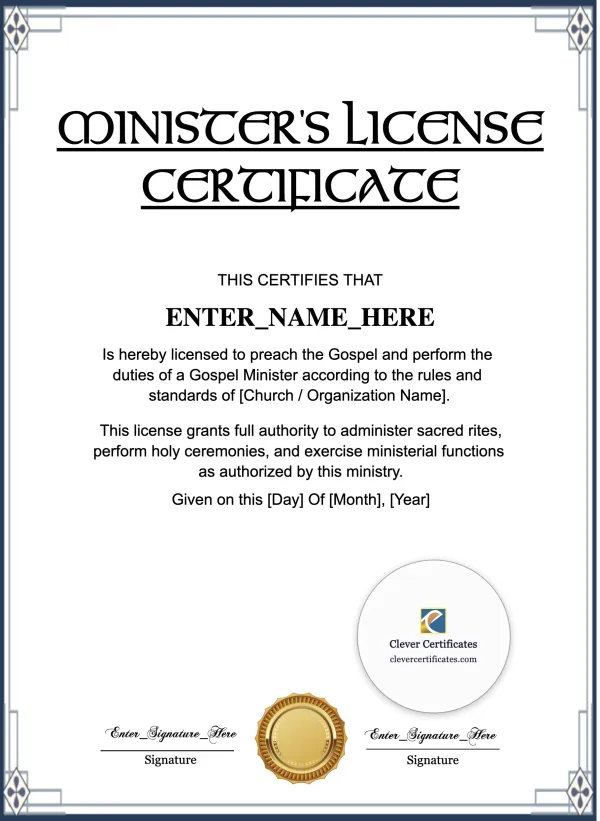 Free Minister License Certificate — Portrait