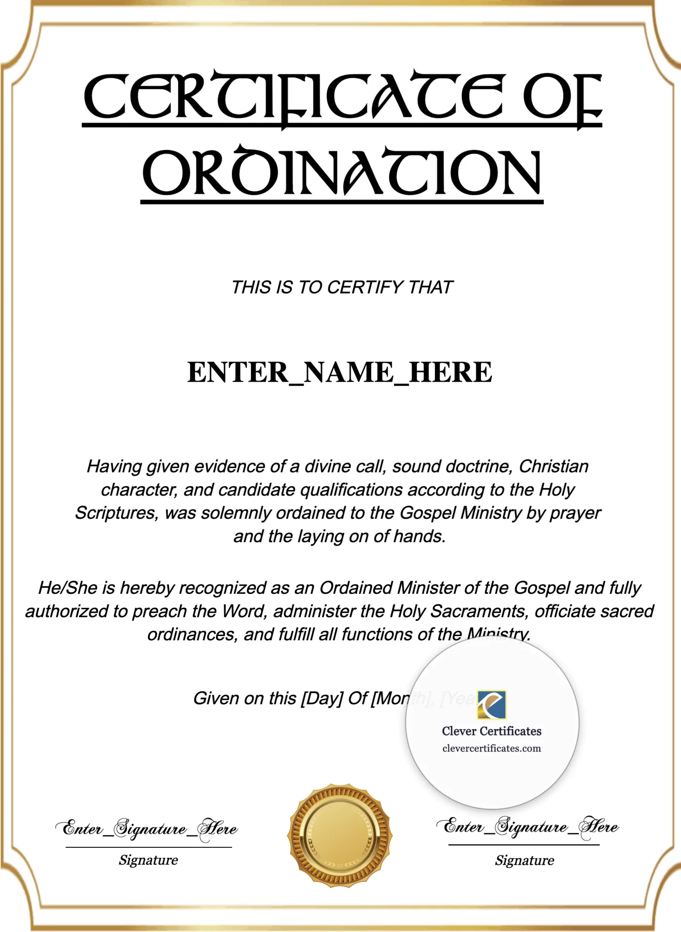 Pentecostal Ordination Certificate — Certificate Template Preview