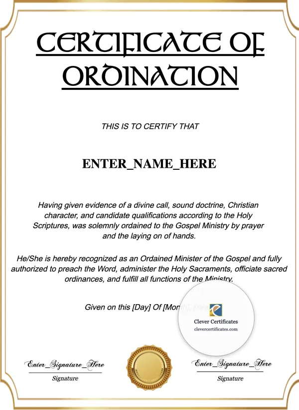 Pentecostal Ordination Certificate — Certificate Template Preview