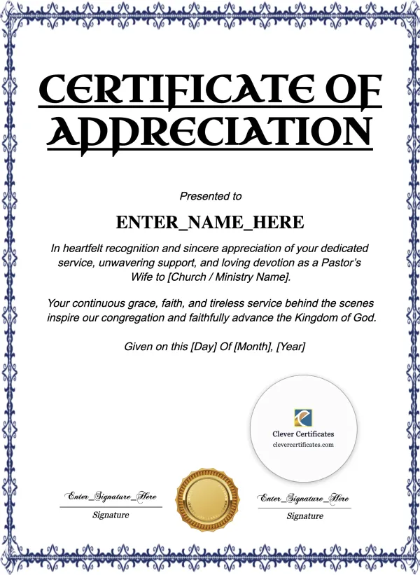 Free Pastor's Wife Appreciation Certificate — Portrait