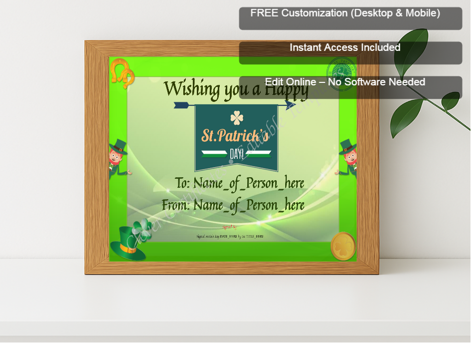 Premium mockup with Free Editor badge stack for Happy St Patricks Day